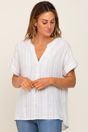 White Striped Linen Split V-Neck Top