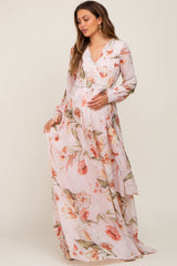 Light Pink Floral Chiffon Long Sleeve Maternity Maxi Dress