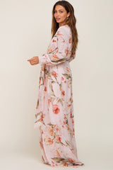 Light Pink Floral Chiffon Long Sleeve Maternity Maxi Dress