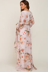 Light Pink Floral Chiffon Long Sleeve Maternity Maxi Dress