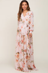 Light Pink Floral Chiffon Long Sleeve Maternity Maxi Dress