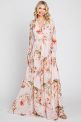 Light Pink Floral Chiffon Long Sleeve Maternity Maxi Dress