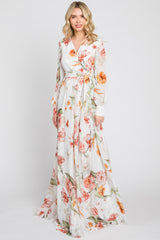 Ivory Floral Chiffon Long Sleeve Maternity Maxi Dress