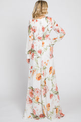 Ivory Floral Chiffon Long Sleeve Maxi Dress