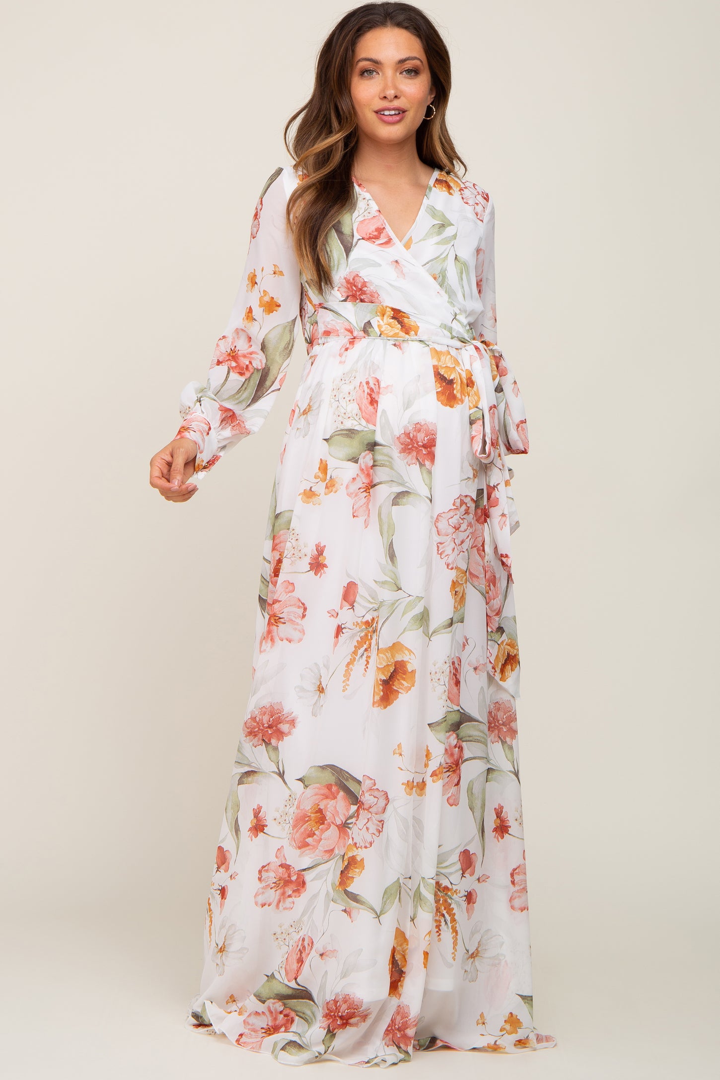 Ivory Floral Chiffon Long Sleeve Maternity Maxi Dress– PinkBlush