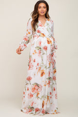 Ivory Floral Chiffon Long Sleeve Maternity Maxi Dress