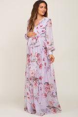 Lavender Floral Chiffon Long Sleeve Maternity Maxi Dress