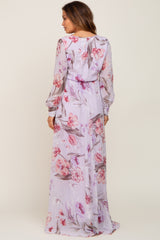 Lavender Floral Chiffon Long Sleeve Maternity Maxi Dress