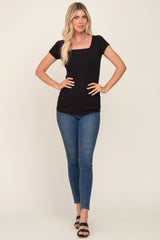 Black Ribbed Squared Neck Cap Sleeve Top