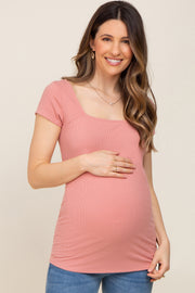 Salmon Ribbed Squared Neck Cap Sleeve Maternity Top