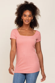 Salmon Ribbed Squared Neck Cap Sleeve Top