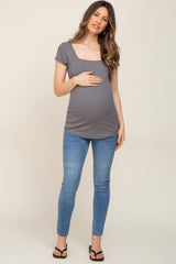 Charcoal Ribbed Squared Neck Cap Sleeve Maternity Top