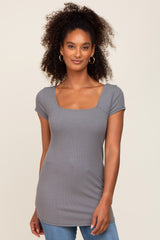 Charcoal Ribbed Squared Neck Cap Sleeve Maternity Top