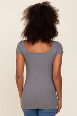 Charcoal Ribbed Squared Neck Cap Sleeve Top