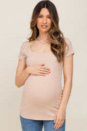 Taupe Ribbed Squared Neck Cap Sleeve Maternity Top