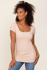 Taupe Ribbed Squared Neck Cap Sleeve Top