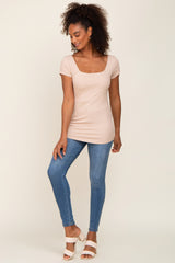 Taupe Ribbed Squared Neck Cap Sleeve Top