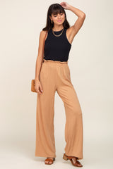 Camel Basic Elastic Waist Wide Leg Pants