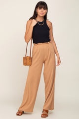 Camel Basic Elastic Waist Wide Leg Pants