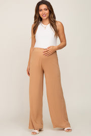 Camel Basic Elastic Waist Wide Leg Maternity Pants