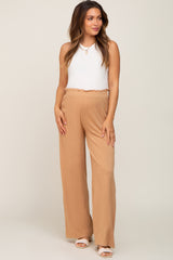 Camel Basic Elastic Waist Wide Leg Maternity Pants