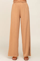 Camel Basic Elastic Waist Wide Leg Pants