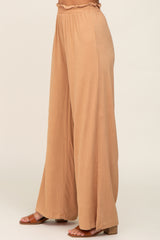 Camel Basic Elastic Waist Wide Leg Pants