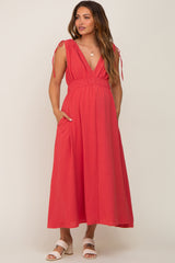 Magenta V-Neck Drawstring Shoulder Maternity Midi Dress