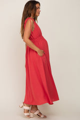 Magenta V-Neck Drawstring Shoulder Maternity Midi Dress