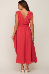 Magenta V-Neck Drawstring Shoulder Maternity Midi Dress