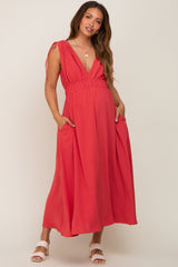 Magenta V-Neck Drawstring Shoulder Maternity Midi Dress