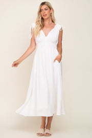 White V-Neck Drawstring Shoulder Midi Dress