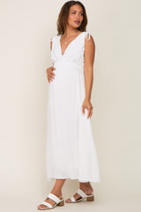 White V-Neck Drawstring Shoulder Maternity Midi Dress