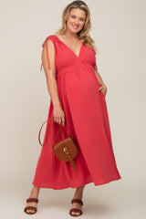 Magenta V-Neck Drawstring Shoulder Maternity Plus Midi Dress