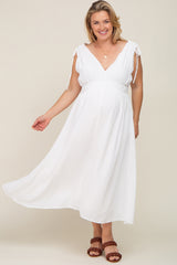 White V-Neck Drawstring Shoulder Maternity Plus Midi Dress