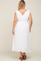 White V-Neck Drawstring Shoulder Maternity Plus Midi Dress