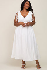 White V-Neck Drawstring Shoulder Maternity Plus Midi Dress