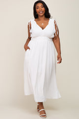 White V-Neck Drawstring Shoulder Plus Midi Dress