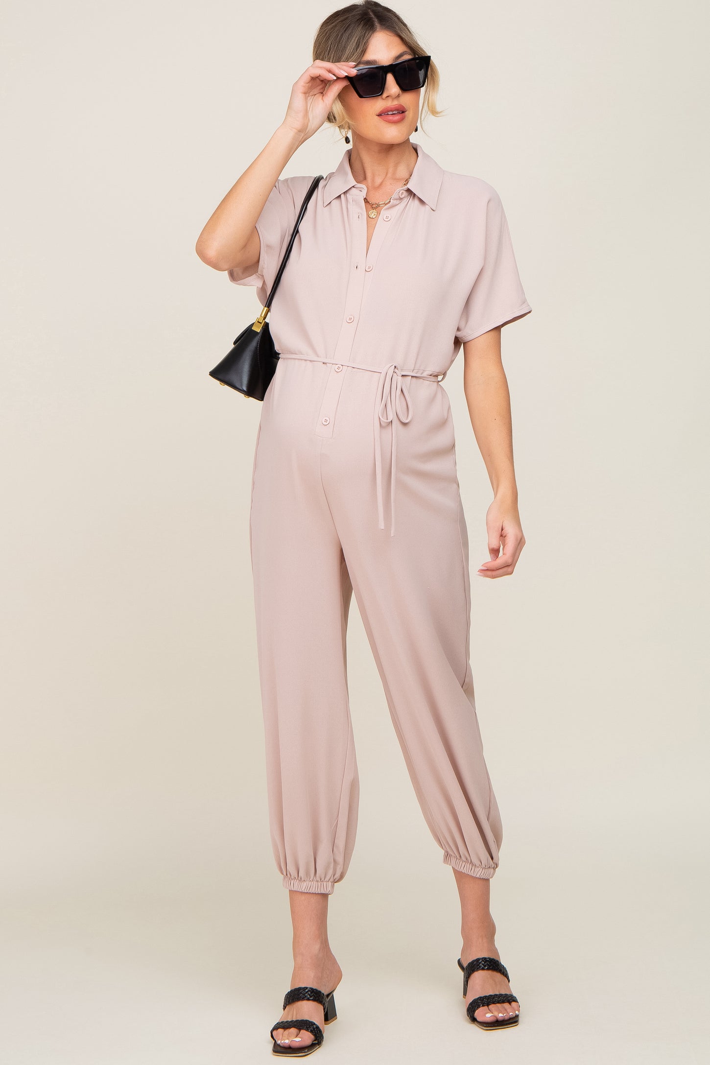 Unique Collared Button Up Long Sleeve Side Slit Ribbed Jumpsuit