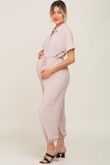 Beige Button Up Maternity Jumpsuit