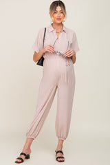 Beige Button Up Maternity Jumpsuit