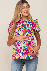 Multi-Color Ruffle Mock Neck Short Sleeve Maternity Blouse