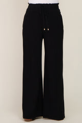 Black Smocked Waist Wide Leg Linen Maternity Pants