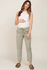 Light Olive Drawstring Elastic Waist Maternity Pants