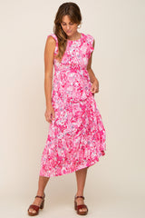 Fuchsia Floral Paisley Tiered Maternity Midi Dress