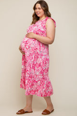 Fuchsia Floral Paisley Tiered Plus Maternity Midi Dress