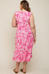 Fuchsia Floral Paisley Tiered Plus Maternity Midi Dress