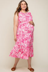 Fuchsia Floral Paisley Tiered Plus Maternity Midi Dress