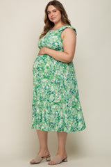 Green Floral Paisley Tiered Plus Maternity Midi Dress