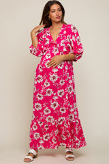 Fuchsia Floral V-Neck Dolman 3/4 Sleeve Maternity Midi Dress